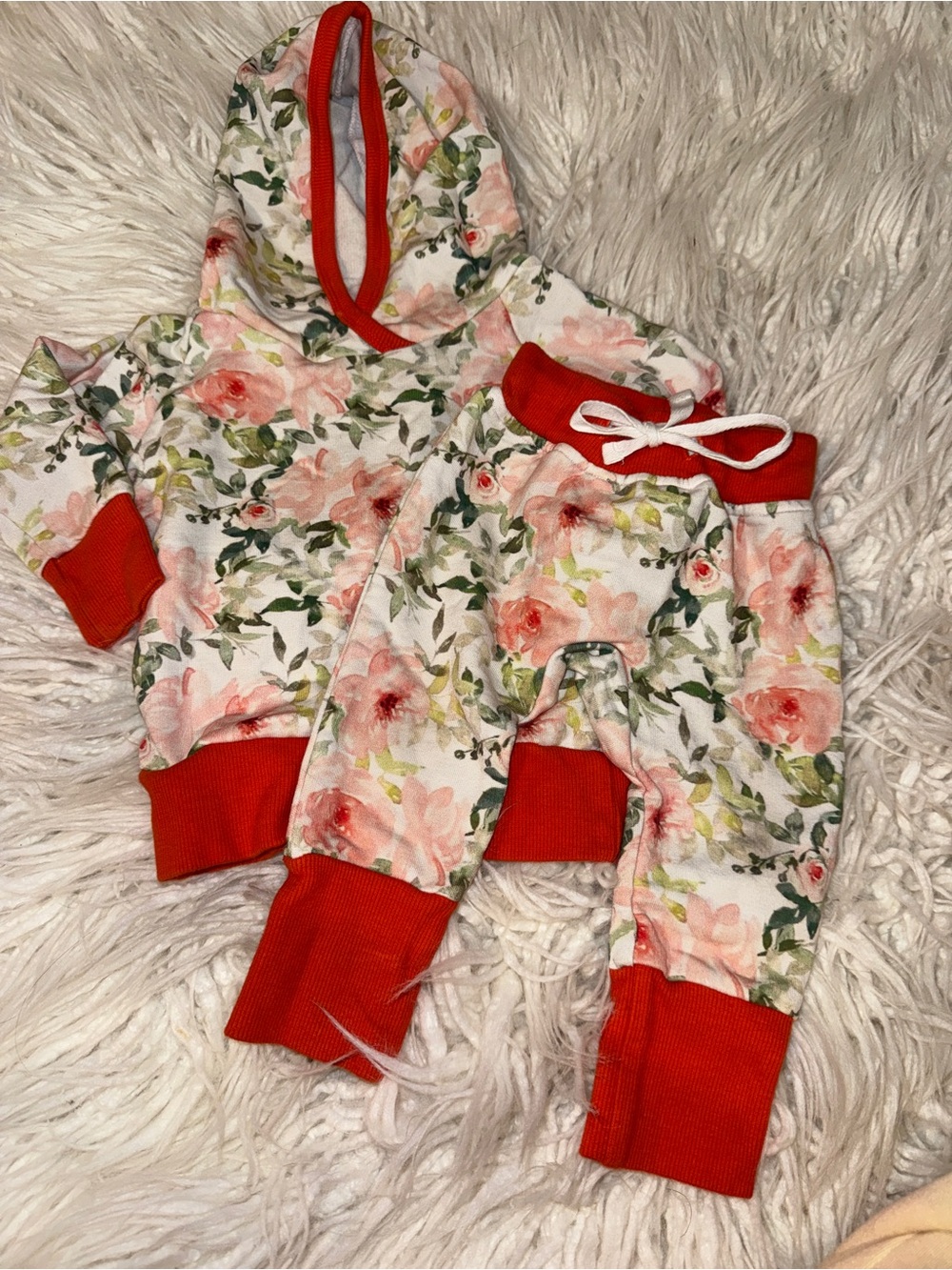 Floral Hooded Kids Matching Set in Coral Red